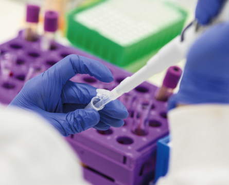 A medical professional harvesting cells in a laboratory setting